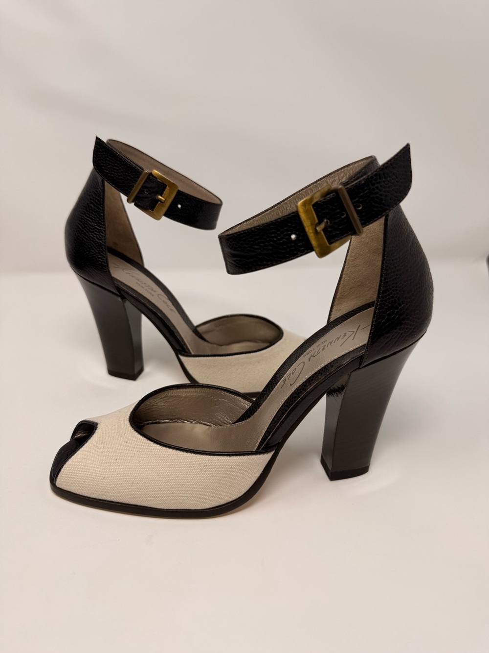 Kenneth Cole Black and Cream Peep Toe Ankle-Strap Block Heels